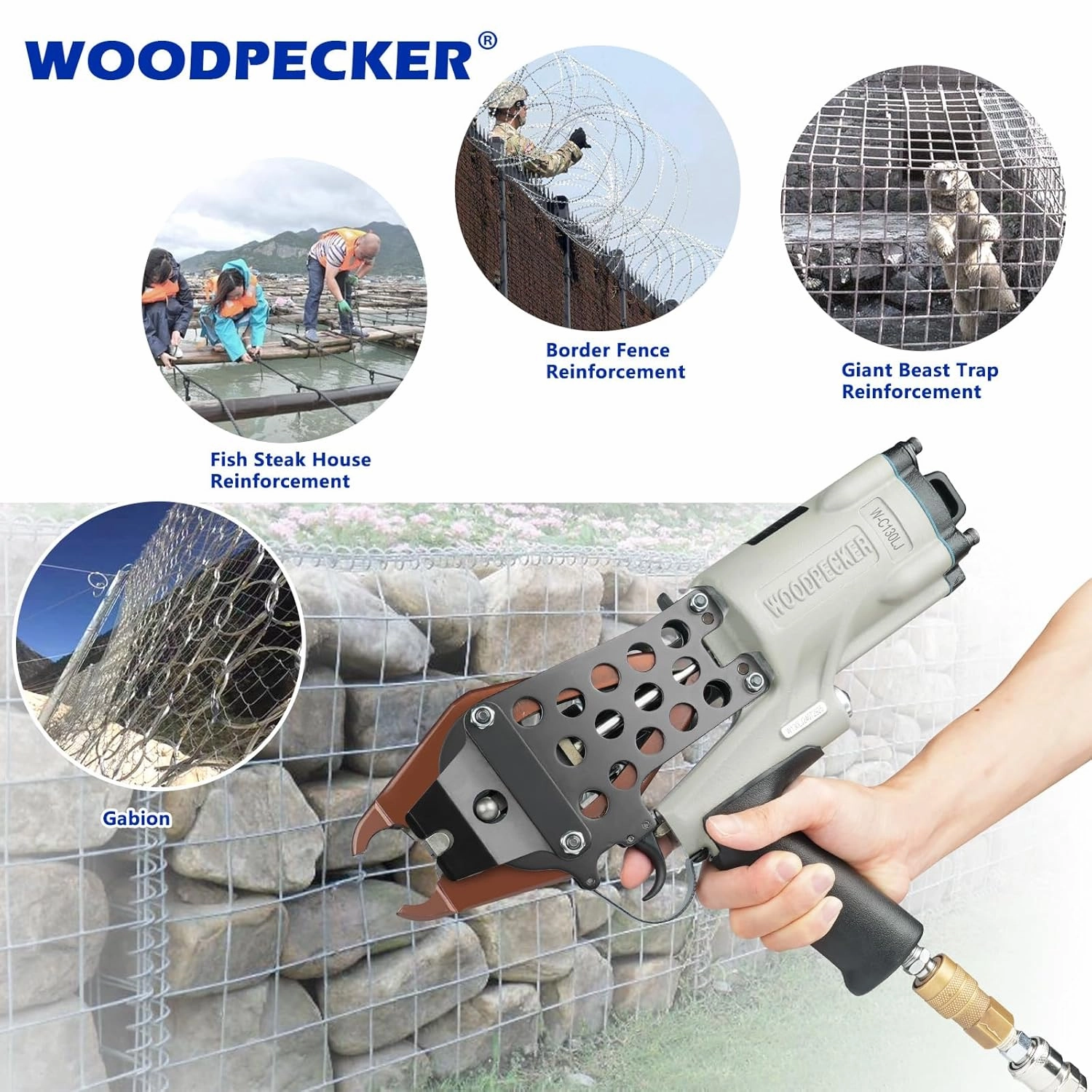 Woodpecker C130L 11 Gauge Heavy-Duty Pneumatic Hog Ring Stapler, 13-14mm Closure Diameter, 1 1/2-Inch Crown, Lightweight and Powerful C Ring Gun for Border Fencing, Gabion and Cages Building
