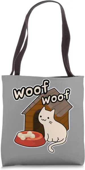 Woof Cat Barking at a bone Funny Contradiction Cartoon Tote Bag