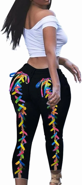 XUETON Skinny Jeans for Women High Waisted Lace Up Jean Back Colorful Bandage Jeans Distressed Skinny Leg Trousers Leggings