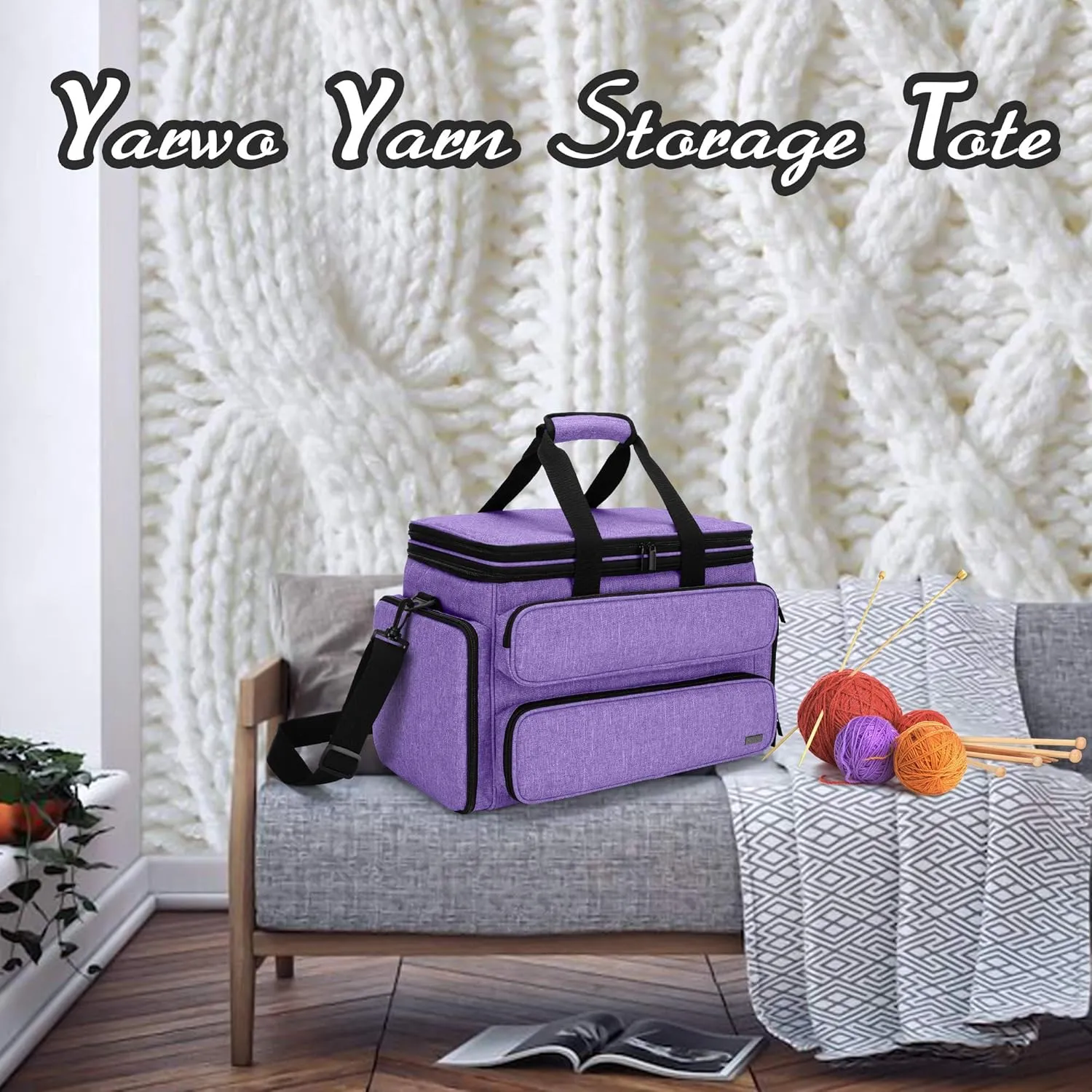 YARWO Knitting Yarn Bag, Portable Crochet Storage Tote with Double Top Cover and Yarn Holes for Knitting Needles(Up to 14”), Unfinished Projects and Skeins of Yarn, Purple