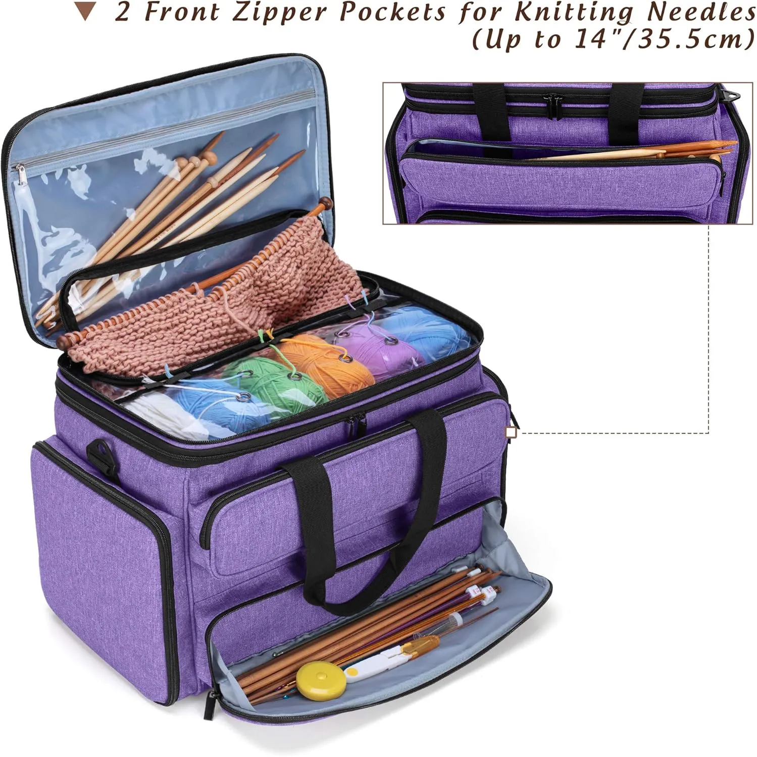 YARWO Knitting Yarn Bag, Portable Crochet Storage Tote with Double Top Cover and Yarn Holes for Knitting Needles(Up to 14”), Unfinished Projects and Skeins of Yarn, Purple