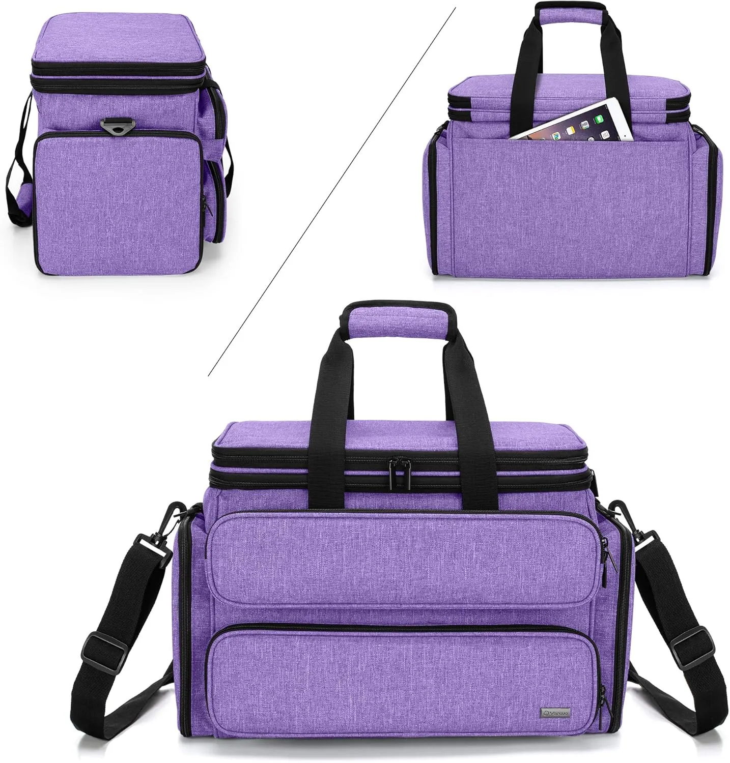 YARWO Knitting Yarn Bag, Portable Crochet Storage Tote with Double Top Cover and Yarn Holes for Knitting Needles(Up to 14”), Unfinished Projects and Skeins of Yarn, Purple