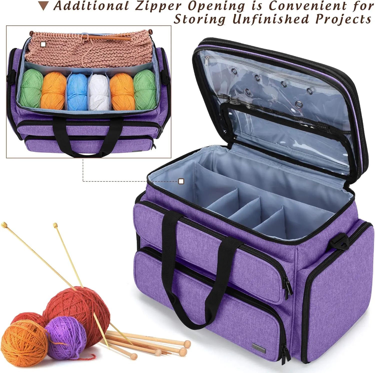 YARWO Knitting Yarn Bag, Portable Crochet Storage Tote with Double Top Cover and Yarn Holes for Knitting Needles(Up to 14”), Unfinished Projects and Skeins of Yarn, Purple