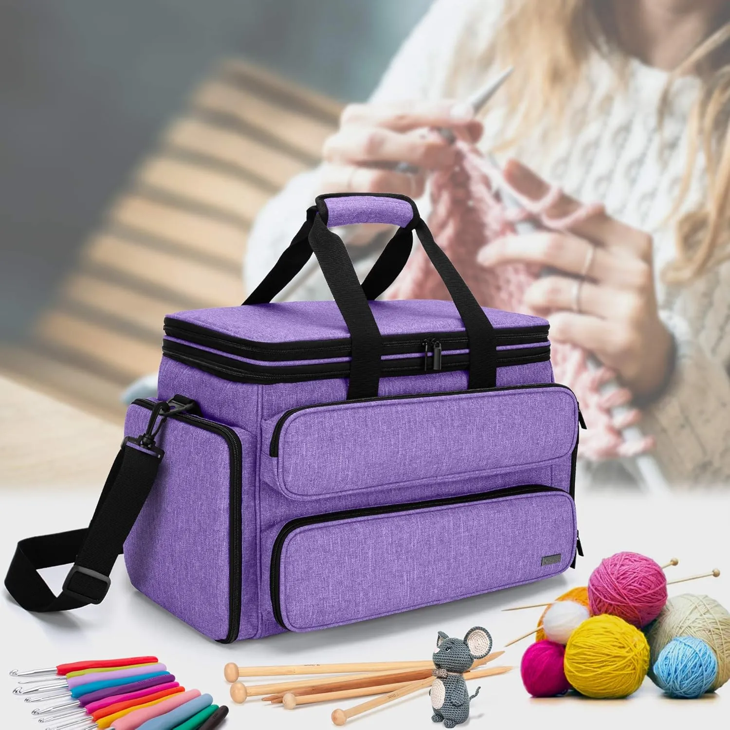 YARWO Knitting Yarn Bag, Portable Crochet Storage Tote with Double Top Cover and Yarn Holes for Knitting Needles(Up to 14”), Unfinished Projects and Skeins of Yarn, Purple