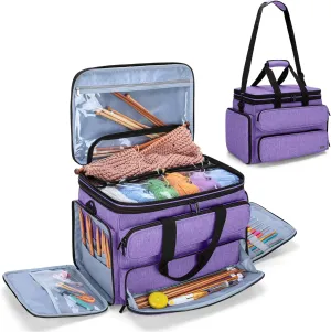 YARWO Knitting Yarn Bag, Portable Crochet Storage Tote with Double Top Cover and Yarn Holes for Knitting Needles(Up to 14”), Unfinished Projects and Skeins of Yarn, Purple