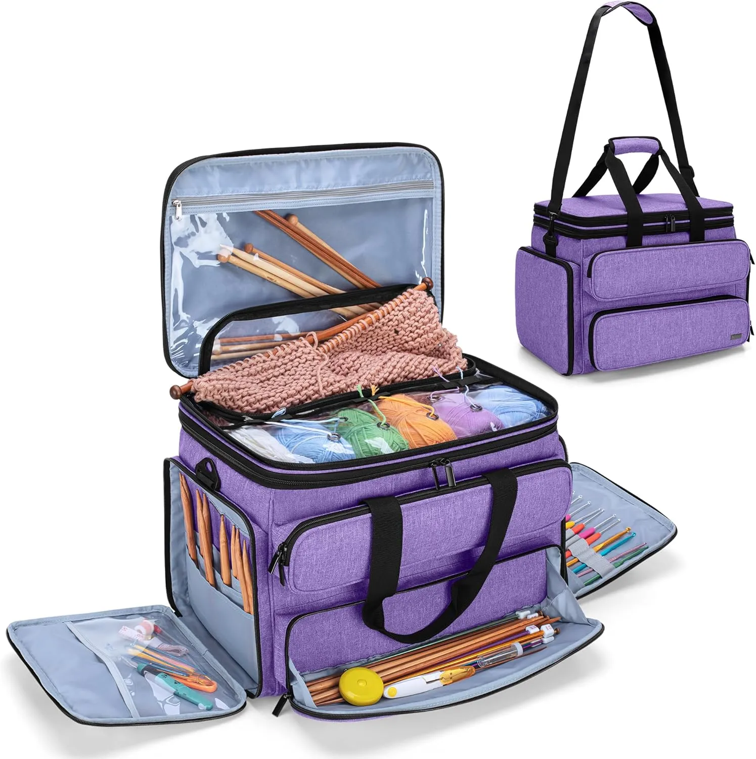 YARWO Knitting Yarn Bag, Portable Crochet Storage Tote with Double Top Cover and Yarn Holes for Knitting Needles(Up to 14”), Unfinished Projects and Skeins of Yarn, Purple