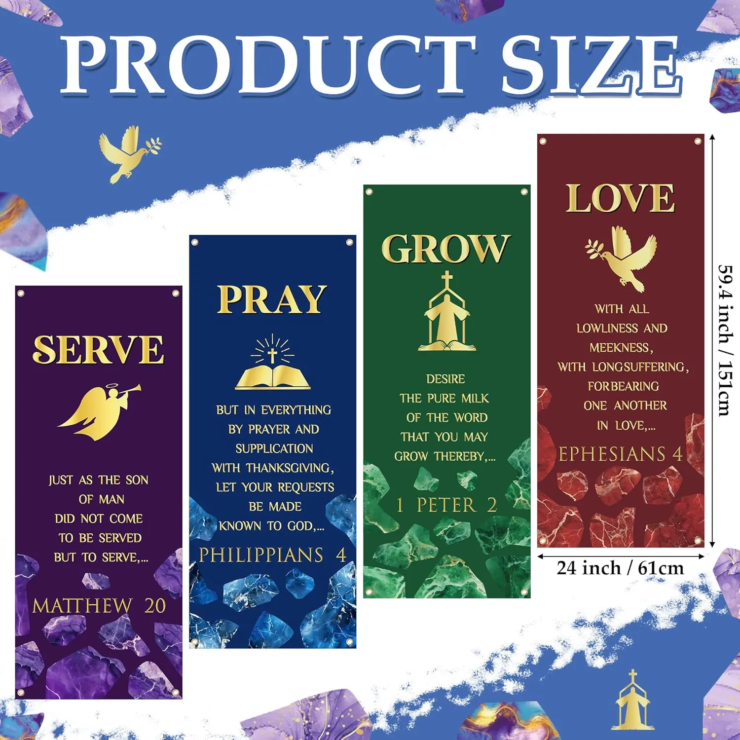 Yopyame Church Banners with Scripture - 4PCS Christian Banners for Churches Wall Worship 24 x 59.4 Inch Vinyl Marble Pattern Religious Praise Churches Banner for Church Sunday School Indoor Outdoor Decor