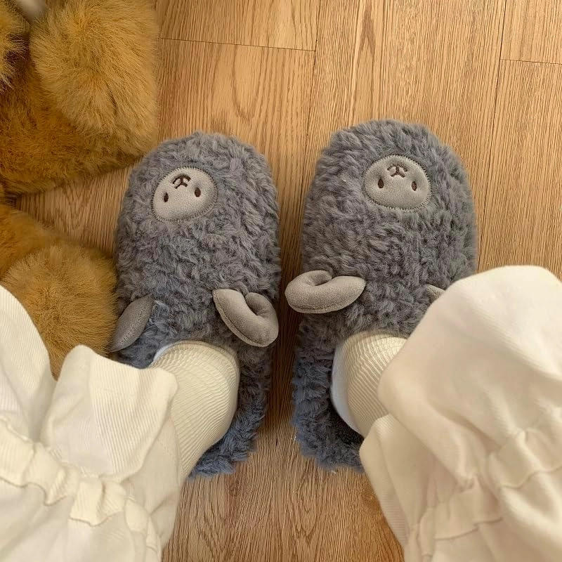 Yoroka Cartoon Fuzzy Slippers Animal Shape Plush Slippers Thick Sole Soft Winter Indoor Slippers for Women