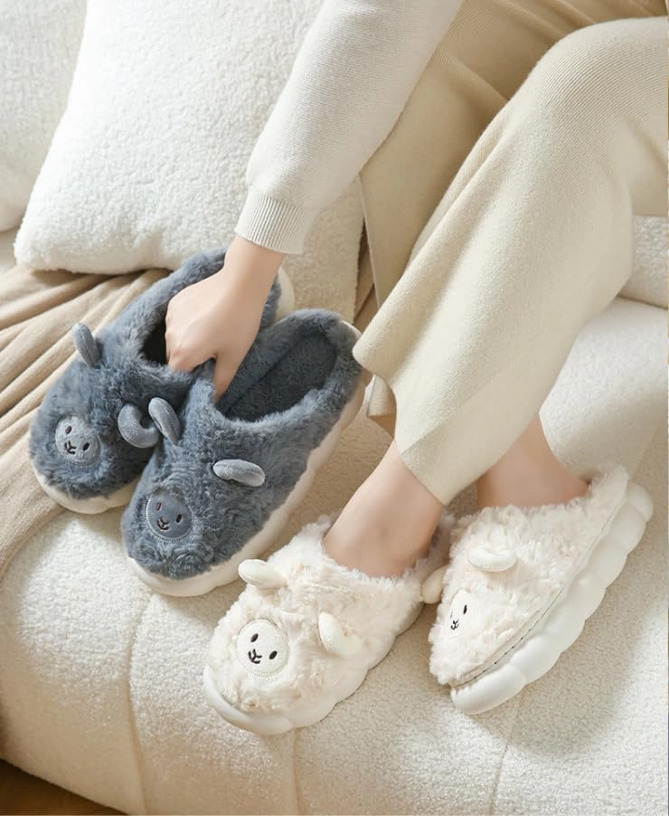 Yoroka Cartoon Fuzzy Slippers Animal Shape Plush Slippers Thick Sole Soft Winter Indoor Slippers for Women