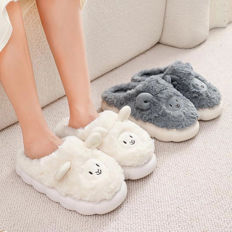 Yoroka Cartoon Fuzzy Slippers Animal Shape Plush Slippers Thick Sole Soft Winter Indoor Slippers for Women