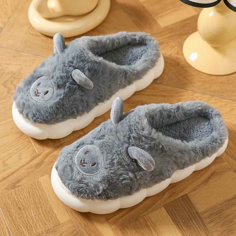 Yoroka Cartoon Fuzzy Slippers Animal Shape Plush Slippers Thick Sole Soft Winter Indoor Slippers for Women