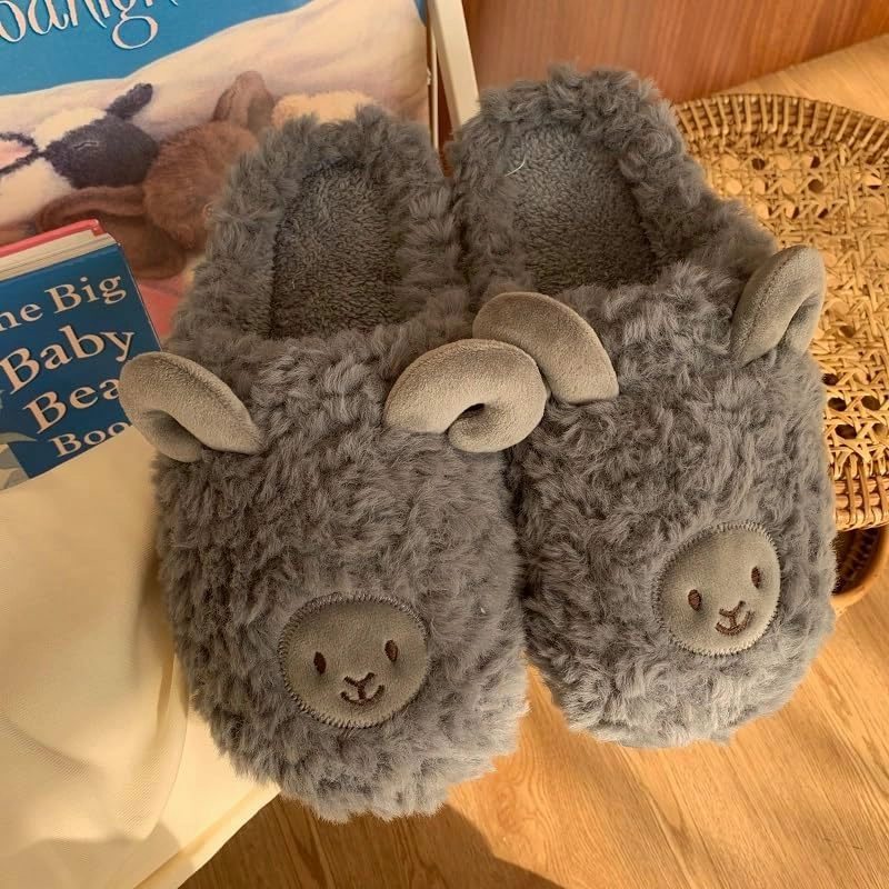 Yoroka Cartoon Fuzzy Slippers Animal Shape Plush Slippers Thick Sole Soft Winter Indoor Slippers for Women