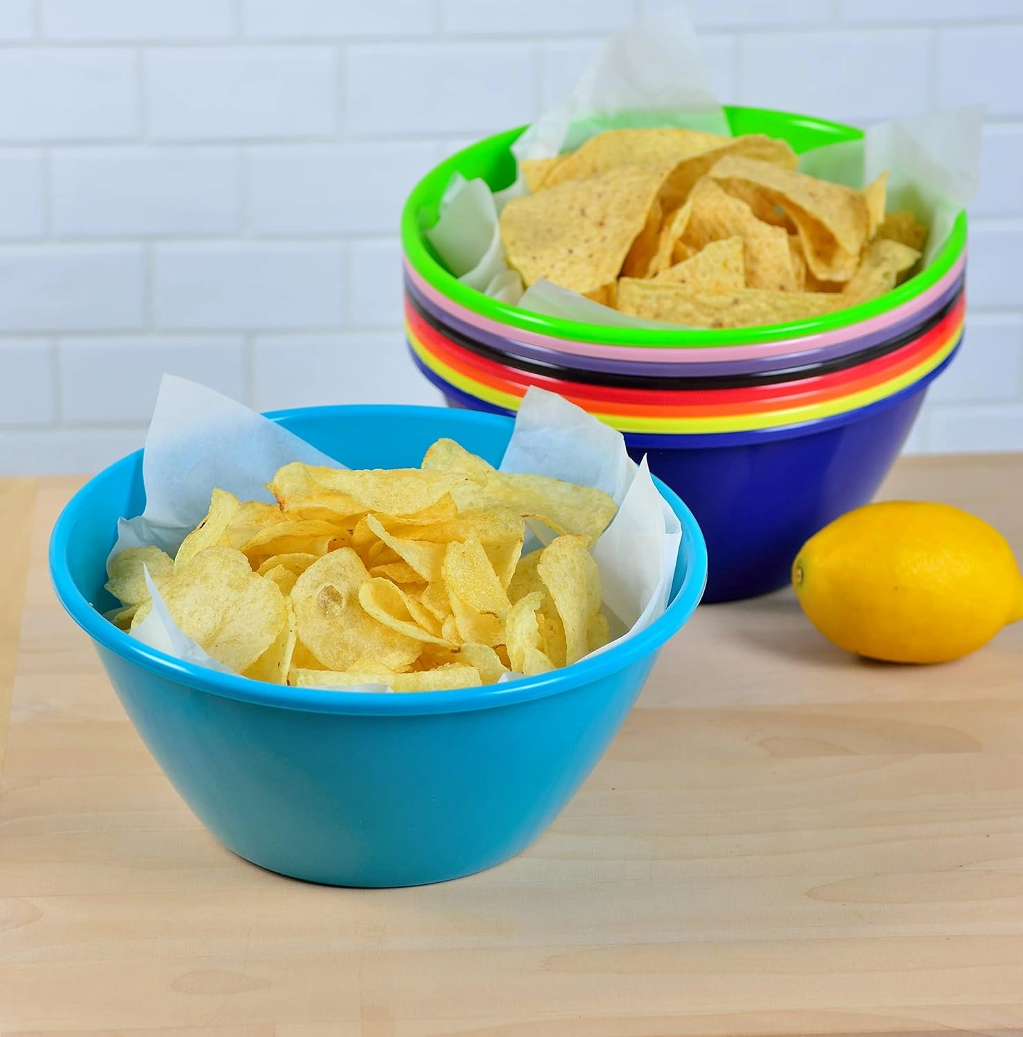 Youngever 9 inch 80 Ounce Plastic Mixing and Serving Bowls, Popcorn Bowls, Salad Bowls, Chip and Dip Serving Bowls, Set of 9 (Rainbow Color)