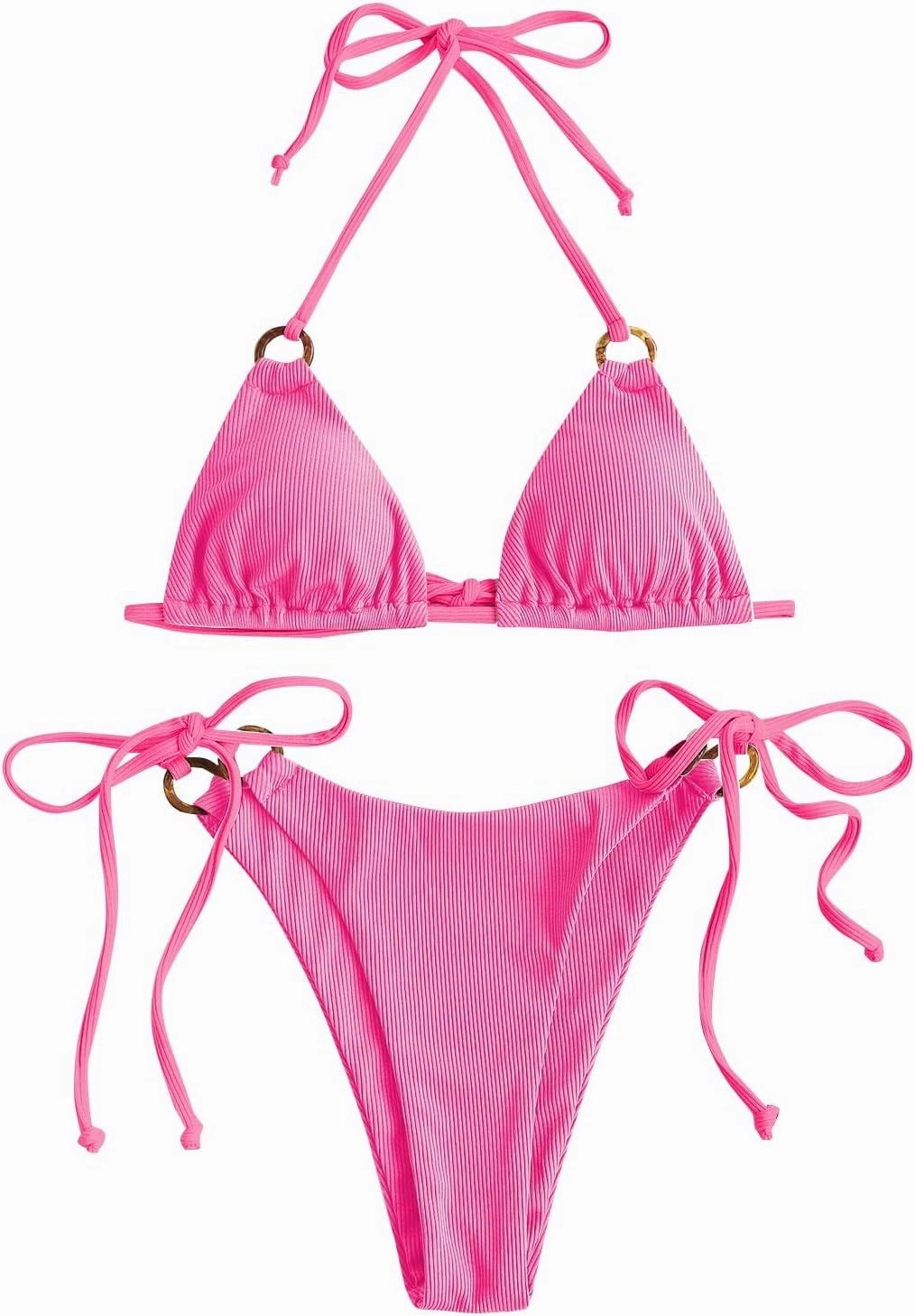 ZAFUL Women's Halter Triangle Bikini Ribbed String Smocked Swimwear Cheeky Thong Swimsuit High Cut Bikini Set