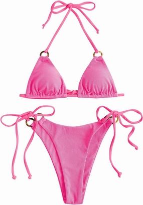 ZAFUL Women's Halter Triangle Bikini Ribbed String Smocked Swimwear Cheeky Thong Swimsuit High Cut Bikini Set
