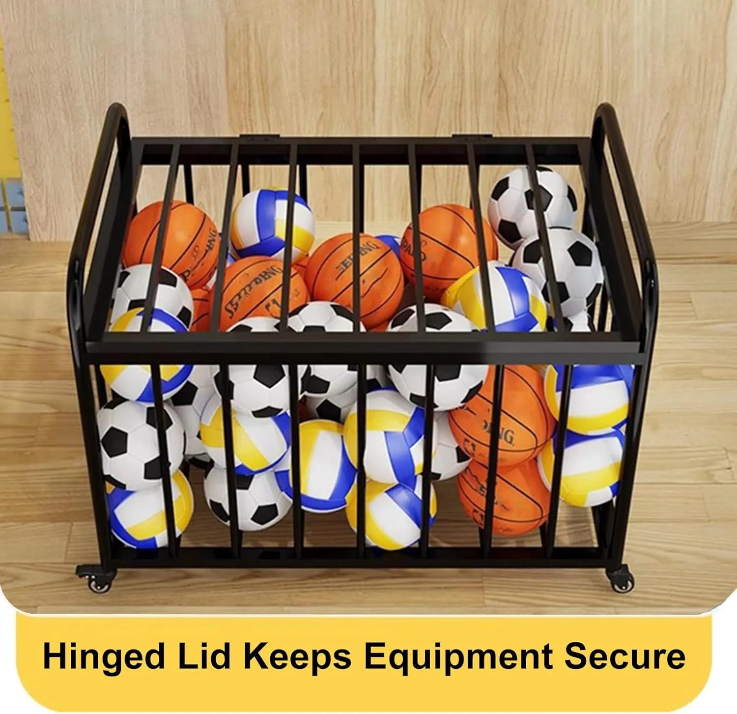 ZAQYCM Black Playground Equipment Ball Storage, Metal Lockable Basketball Storage Carts with Wheels, Lockable Lid and Handle, Sturdy Ball Locker for Home Garage Gym School