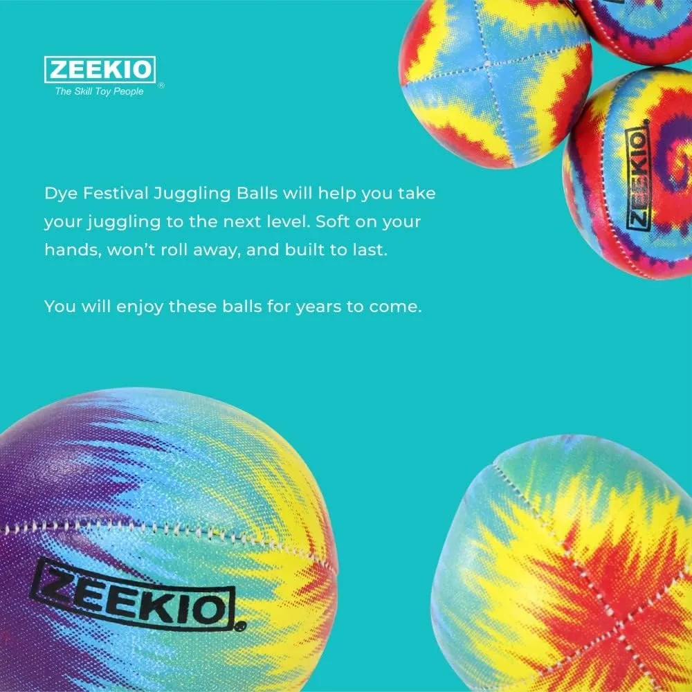 Zeekio - Tie Dye Festival Juggling Ball - Professional Grade - Suitable for All Levels & Ages - Synthetic Leather Ball Durable - 120 Grams - Pack of 3 - Rainbow Burst