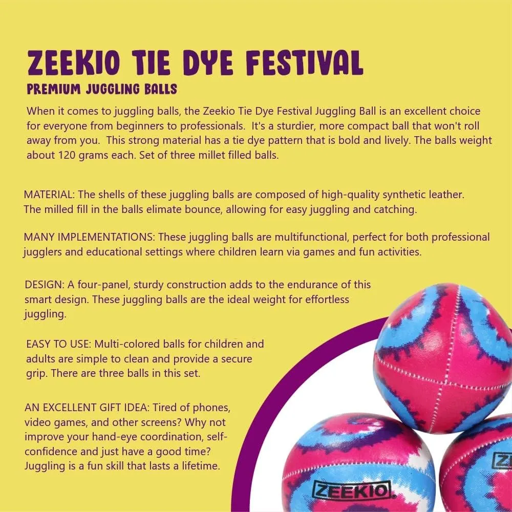 Zeekio - Tie Dye Festival Juggling Ball - Professional Grade - Suitable for All Levels & Ages - Synthetic Leather Ball Durable - 120 Grams - Pack of 3 - Rainbow Burst