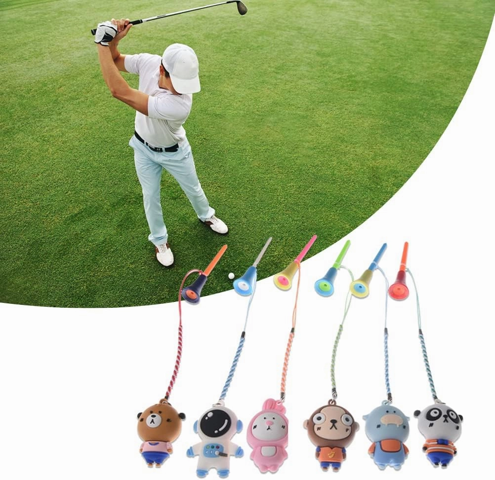 Zerone Anti Lost Teewith Strap, 6Pcs Cartoon Plastic Tee Hanger, Convenient to Use Mixed Colors Cord Length 15cm, Ball Stud 8.2cm Random (Blue   Gray)
