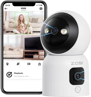ZOSI 2K Home Security Indoor Dual Cameras,360° Pan/Tilt Baby Monitor,Dog Pet Camera,Dual-Lens,2-Way Audio,One-Touch Call,AI Human Detection,2.4G/5G Dual-Band Wi-Fi,Plug in,SD Card&Cloud Storage