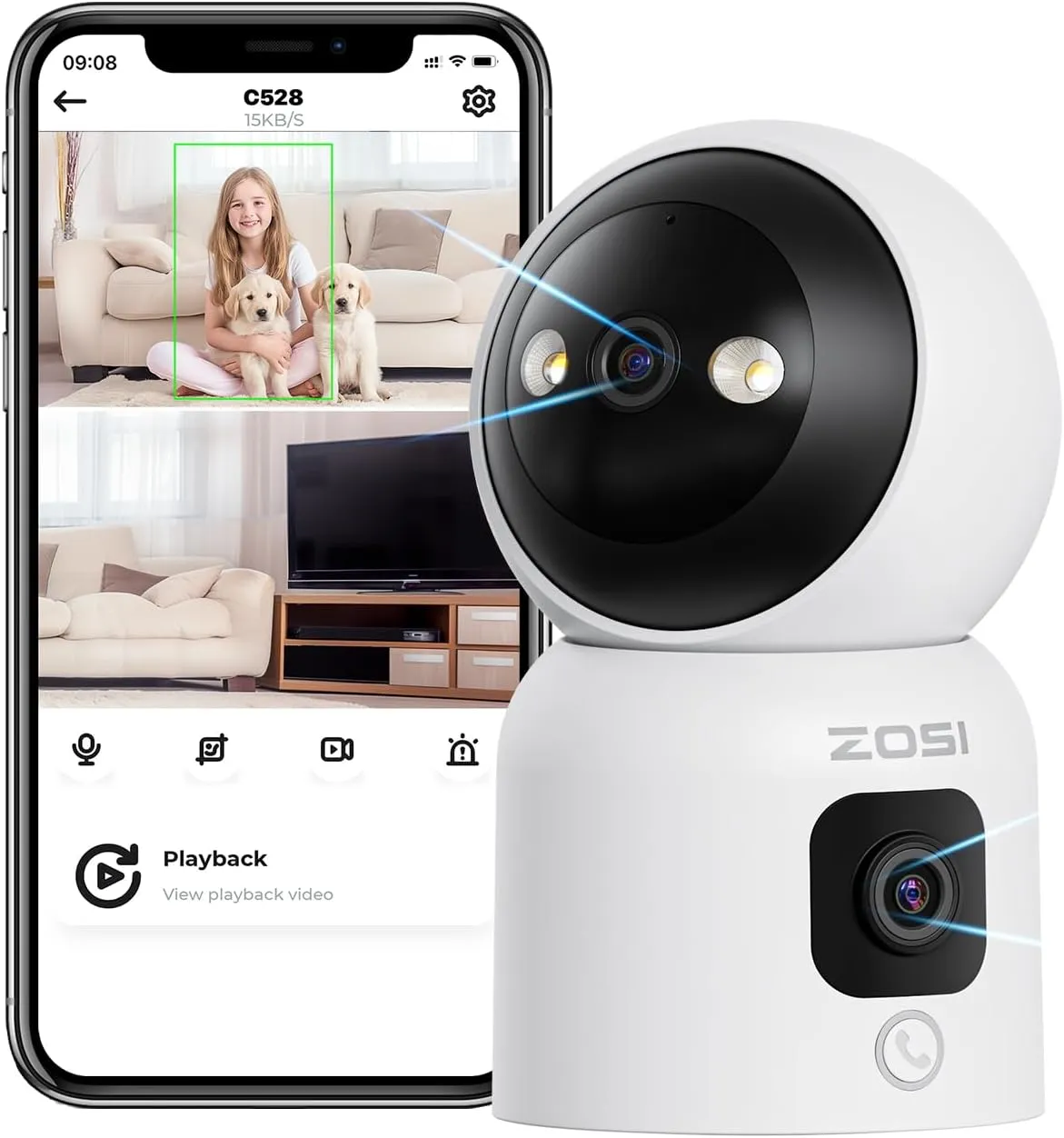 ZOSI 2K Home Security Indoor Dual Cameras,360° Pan/Tilt Baby Monitor,Dog Pet Camera,Dual-Lens,2-Way Audio,One-Touch Call,AI Human Detection,2.4G/5G Dual-Band Wi-Fi,Plug in,SD Card&Cloud Storage